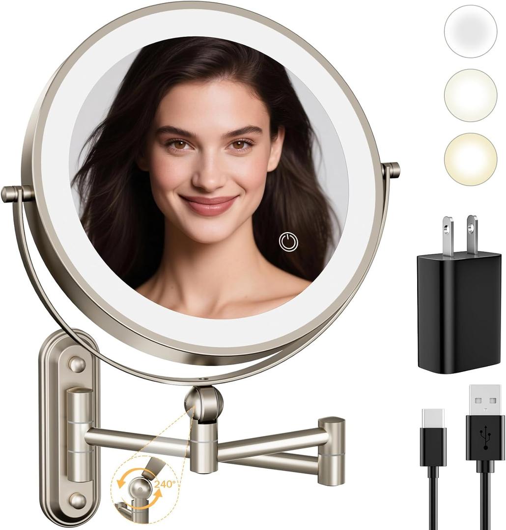 9" Wall Mounted LED Lighted Makeup Vanity Mirror - 4000mAh Rechargeable Double Sided 1X/30X Magnifying Mirror, 3 Color Lights Touch Dimmable, Height Adjustable Extended Arm 360 Swivel Bathroom Mirror