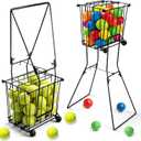 Portable Pickleball Tennis Ball Collector with Wheel, 90 Tennis Balls Capacity, Pickleball Retriever Basket Carrier Gatherer Picker Hopper Container for Picking and Storage Training Tool for Ball