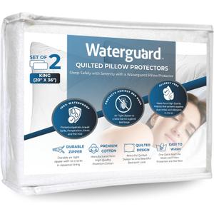 Waterguard Waterproof Pillow Protectors - Zippered Bug Proof, Quilted Thick Pillow Covers - 100% Cotton Shell Pillow Encasement - King Size (20x36) Set of 2