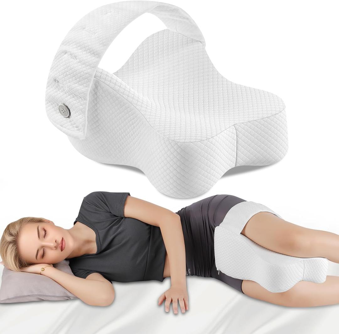 Knee Pillow for Side Sleepers, Memory Foam LegPillow Between Knees, Relieves Back, Hip & Knee PainWhile Aligning Spine, Adjustable Strap, 14 Inch (White)