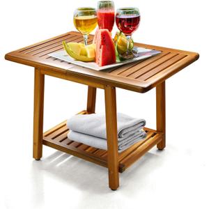 ENKEZI Acacia 24 Inches Outdoor Side Table, 2Tier Sturdy Patio, End Table Weather Resistant, Strong Stability Side Table for Patio, Pool, Porch, Teak Finish (Large)