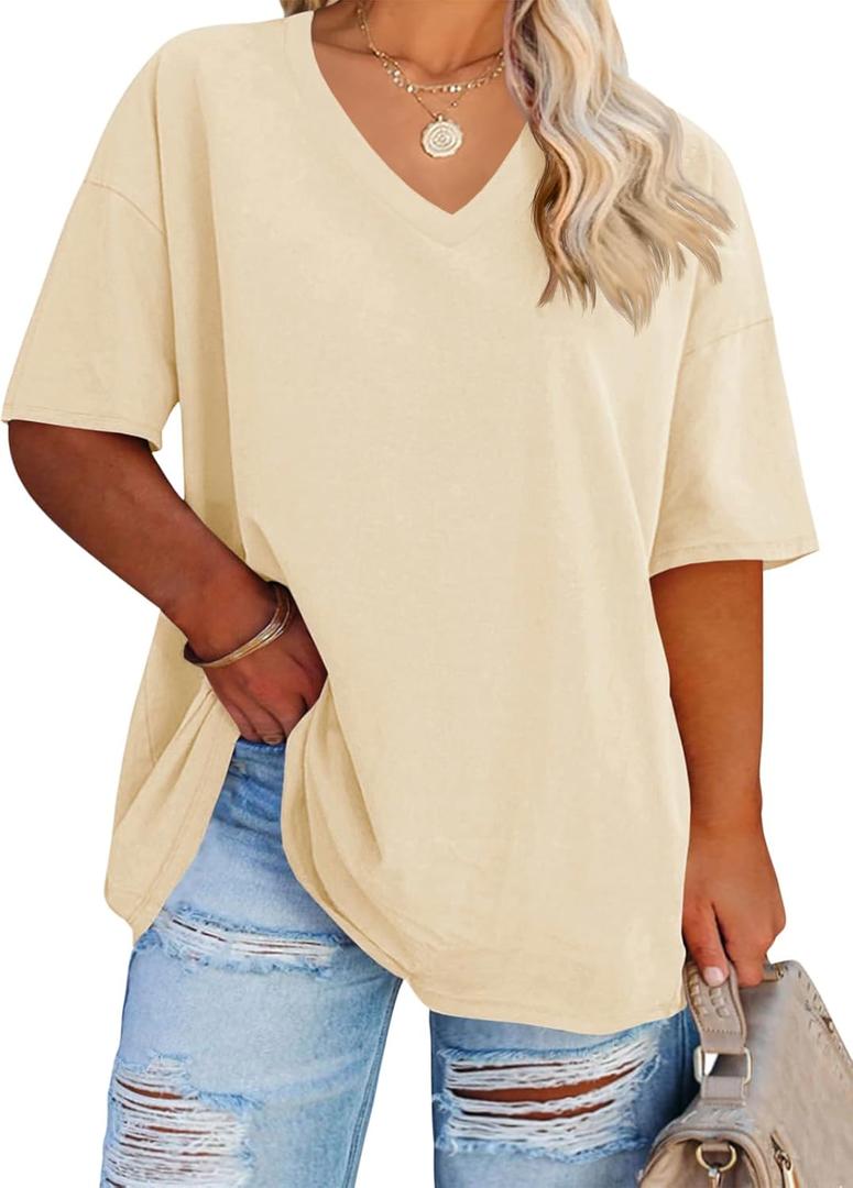 Fisoew Women's Plus Size V Neck T Shirts Summer Half Sleeve Tees Casual Loose Fit Cotton Tunic Tops XXL