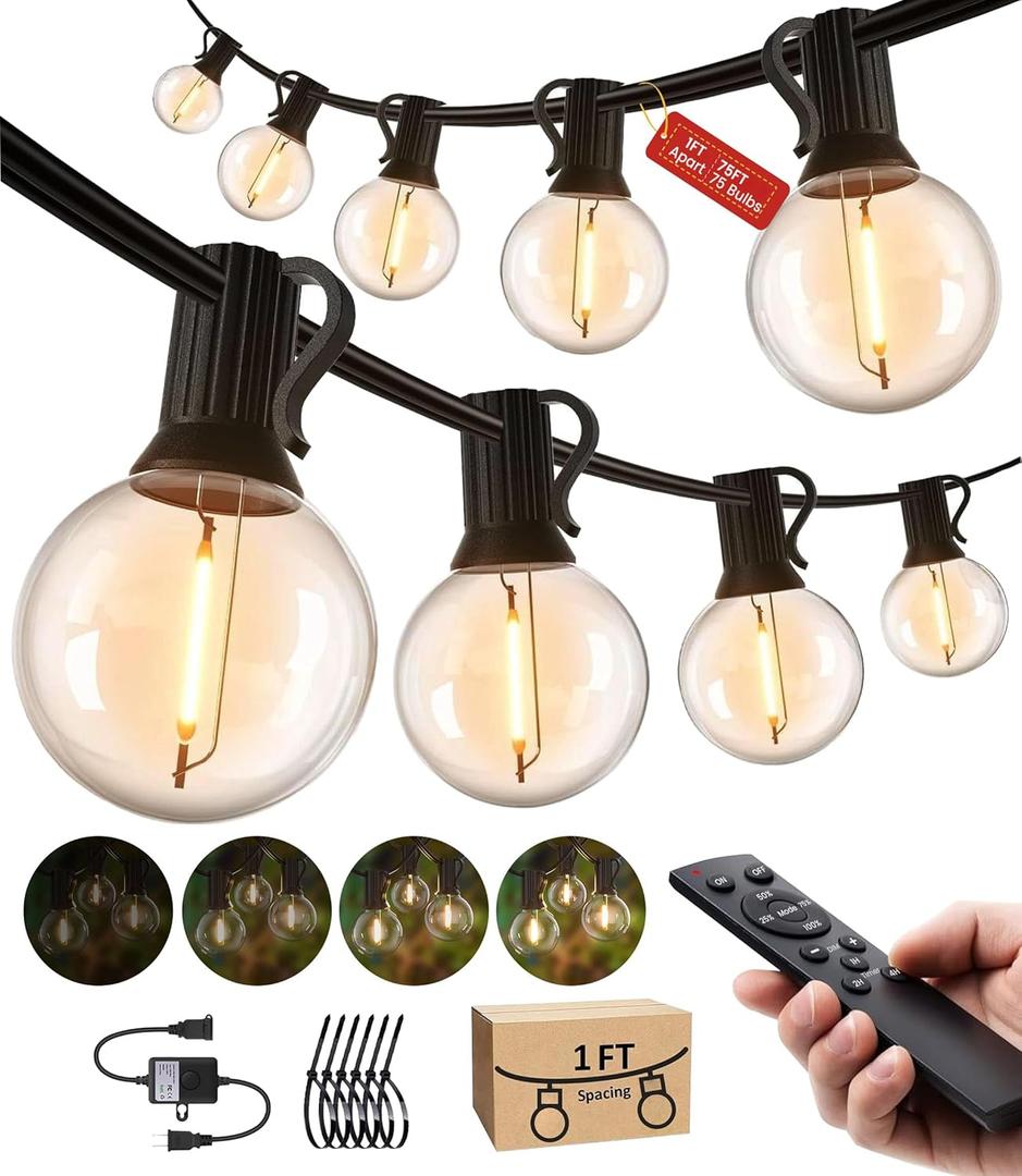 Outdoor String LED Patio Lights - 75Ft Outside Waterproof Light with Remote Dimmable 75 G40 Shatterproof Bulb Connectable Hanging Outdoor Lighting for Backyard Porch Party 12 inch Bulb Apart