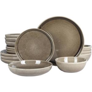 Gibson Elite Berea 16 Piece (Service for 4) Plates and Bowls Reactive Glaze Round Dishes Stoneware Ceramic Dinnerware Set -Taupe
