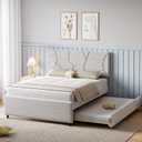 Garvee Queen Size Bed Frame with Trundle, Upholstered Platform Bed Frame with Headboard, Trundle Bed Twin, Wood Slat Support, for Bedroom, Living Room, Guest Room | Trundle Bed Twin, Bed Frame with Headboard, Wood Slat Support, for Bedroom, Living Room, Guest Room