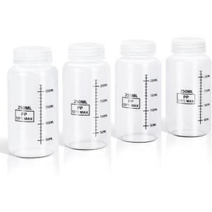 DEMORA Plastic Bottles with Airtight Caps 8oz/250ml, Food Grade Wide Mouth Liquid Containers, Reusable HDPE Graduated Plastic Bottles for Water Sample Lab Reagent Liquids Mixing (Translucent, 4 Pcs)