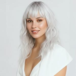 Silver Wigs for Women Long Ombre Grey Wavy Wig with Bangs Dark Roots Synthetic Hair Wig Medium Middle Length Wig Water Wave Gray Colorful Wigs for Daily Party Cosplay Costume Use (16 inch)