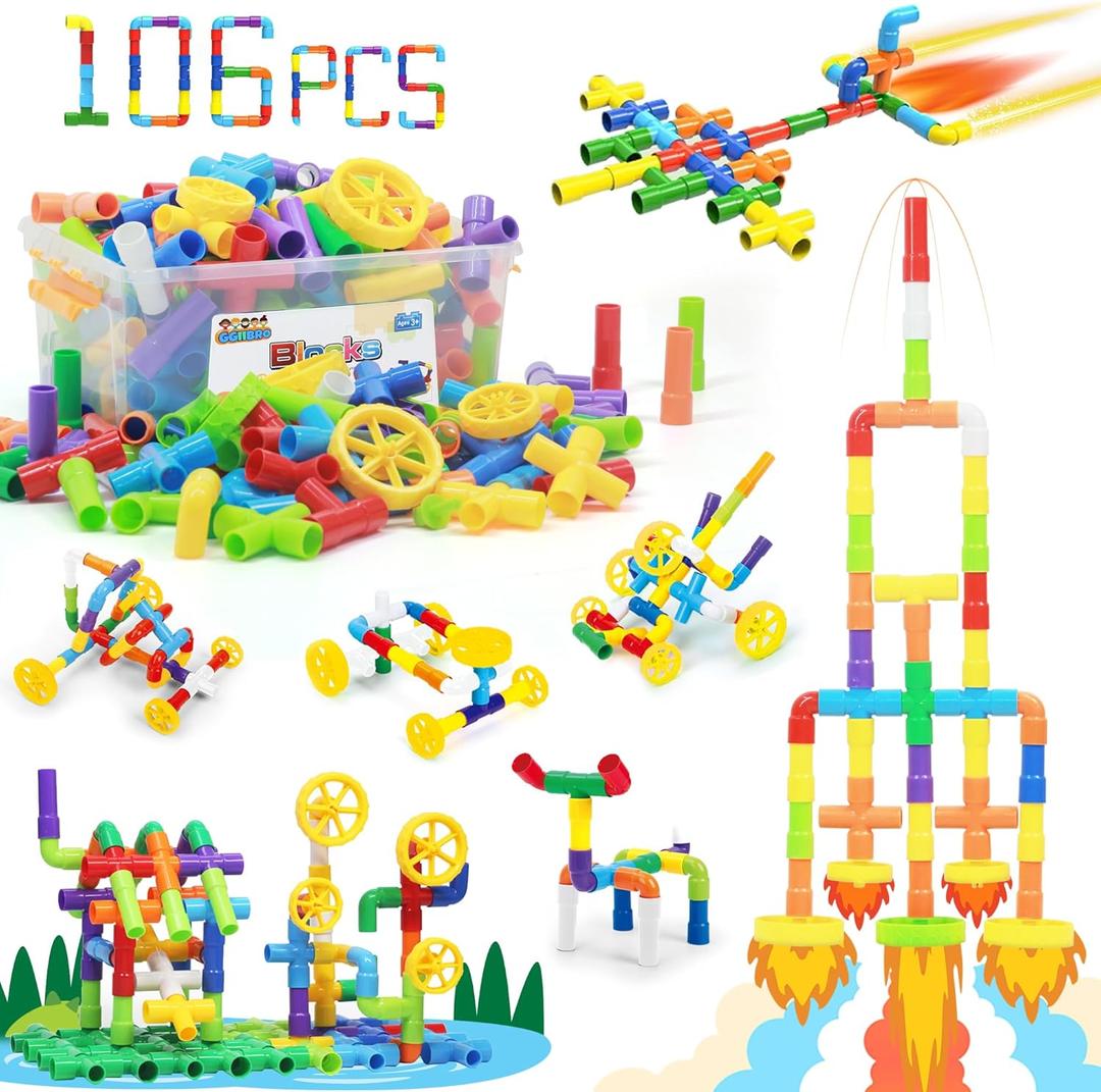 Ggiibro STEM Building Toy for Toddlers 106Pieces Tube Pipe Toy,Educational Preschool Game for 3+ Years,Learning Building Blocks Play with Storage Box Gift Kit,Montessori Toys for Boys & Girls