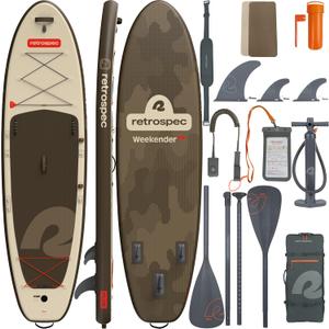 Retrospec Weekender Plus 10' Inflatable Stand Up Paddleboard Double Layer PVC iSUP Bundle w/Carrying case, 3 Piece Adjustable Aluminum Paddle, 3 Removable fins, Pump, and Cell Phone case