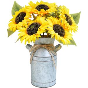 Winlyn Artificial Sunflowers in Rustic Galvanized Metal Milk Vase 12" Tall Farmhouse Centerpiece Yellow Silk Sunflower Stems Floral Arrangements for Country Fall Wedding Home Kitchen Table Dcor