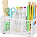 Marbrasse Mesh Pen Holder for Desk,Pencil Holder Desk Organizer 3 Adjustable Compartments,Pencil Cup with Handle Perfect for Classroom, Office, Home,Makeup,Art (White)