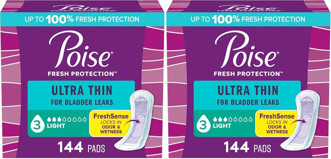 Poise Ultra Thin Incontinence Pads & Postpartum Pads for Bladder Leaks, 3 Drop Light Absorbency, Regular Length, 144 Count (Pack of 3)