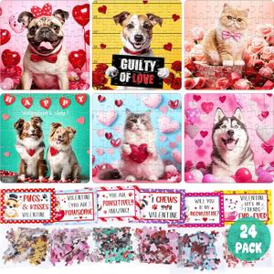 24PCS Valentines Day Cards for Kids School Classroom with Cat & Dog Jigsaw Puzzles Toys Birthday Gifts Party Favors for Toddlers Boys Girls Goodie Bag Stuffers Treat Bulk Valentine Day Exchange Gifts