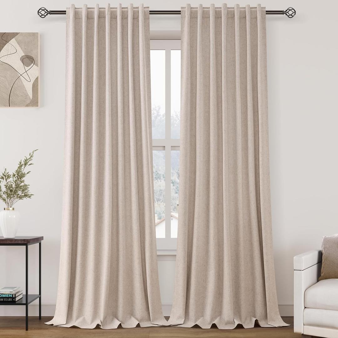 Oatmeal 100% Blackout Linen Curtains for Bedroom 90 Inches Long Back Tab Thermal Insulated Neutral Modern Farmhouse Decor Black Out Curtain for Living Room Dining Room Drapes 52x90, 2 Panels