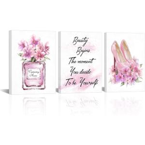 Artsbay Fashion Wall Art Pink Perfume Canvas Prints High Heels Pictures Paintings Modern Artwork for Women Bedroom Powder Room Bathroom Living Room 12In x 16In x 3PCS
