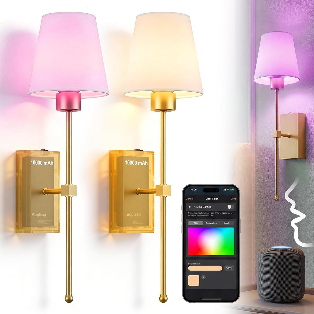 Battery Operated Wall Sconces Set of 2, Matter Smart Wall Lights | Requires Matter Hub, 66H Rechargeable, RGB Dimmable, Works with Alexa Apple & Google Home, No Wiring