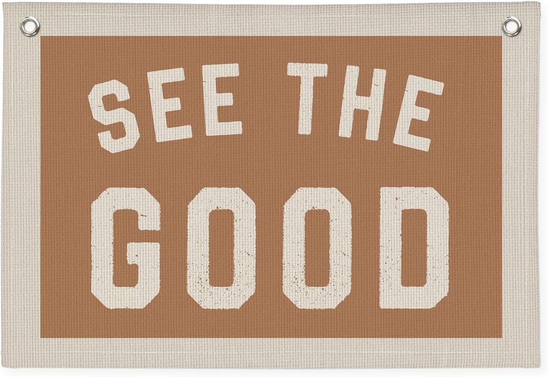 See The Good Wall Decor, Inspirational Wall Decor, Boho Accent Vintage See The Good Sign Linen Banner Wall Hanging Banner Flag, Accent Wall Decor (Beige - Standard)