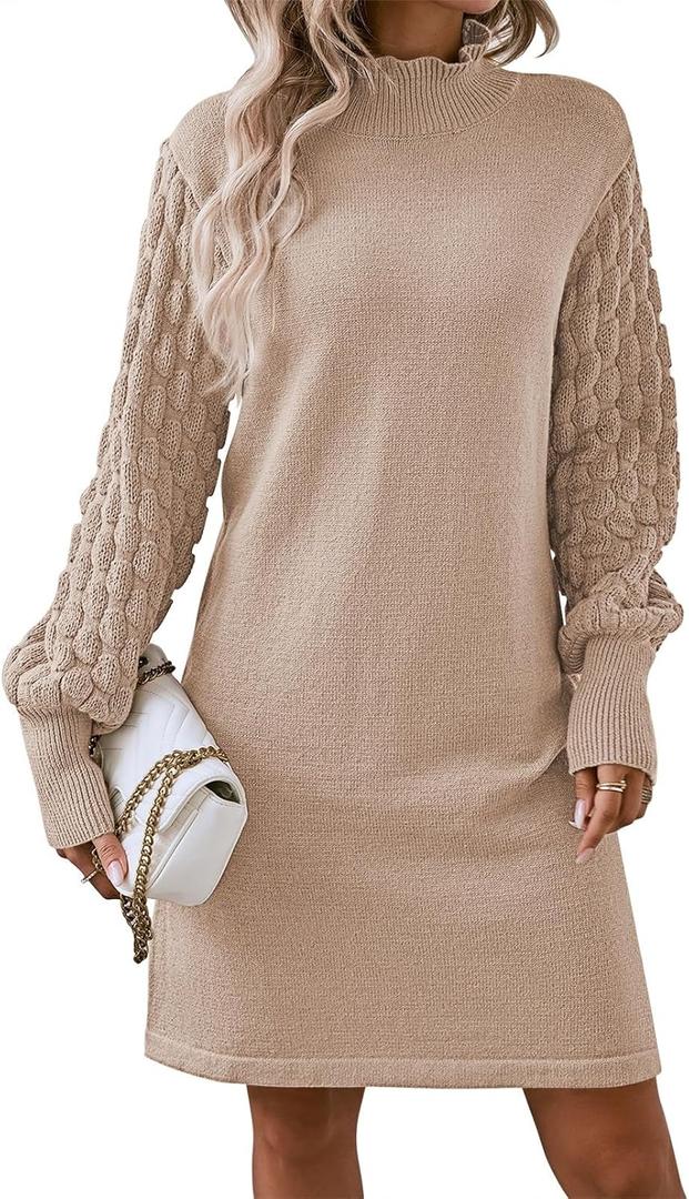Sovoyontee Women's 2025 Fall Long Sleeve Mock Neck Sweater Dress Casual Loose Ribbed Knit Mini Short Pullover Dresses (Beige, S)