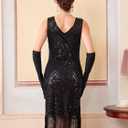 1920s Dresses for Women, Sequin Fringed Gatsby Flapper Cocktail Dresses with 20s Accessories Set, Roaring 20s Costumes (Black)