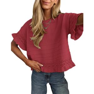 Yeokou Womens Short Sleeve Sweater Round Neck Ruffled Hem Knit Crochet Pullover Summer Fall Casual Top Blouse (Red, L)