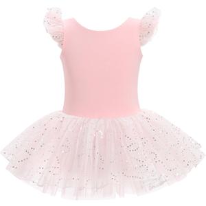 Kid Girls Classic Ruffle Sleeve Ballet Skirted Leotard Shiny Dance Tutu Dresses Ballerina Costume (Pink)