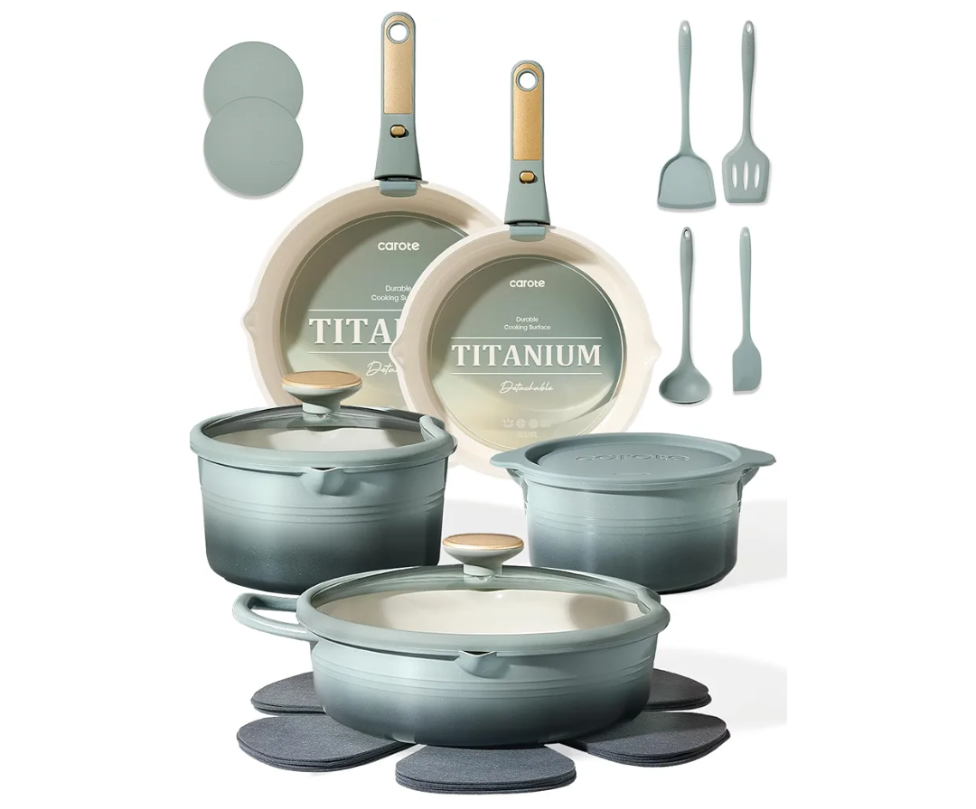 CAROTE 20Pcs Titanium Cookware Set, Pots and Pans Set Non Stick, Kitchen Cooking Set with Detachable Handle, Non Toxic Induction Cookware, Dishwasher/Oven Safe