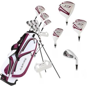 Aspire X1 Womens Golf Clubs Full Set, Includes Driver, Fairway, Hybrid, 6-PW Irons, Putter, Stand Bag, 3 H/C's, Light Graphite Shafts, Golf Clubs Women Right Handed, Purple, Regular or Petite Size (Petite Size -1")
