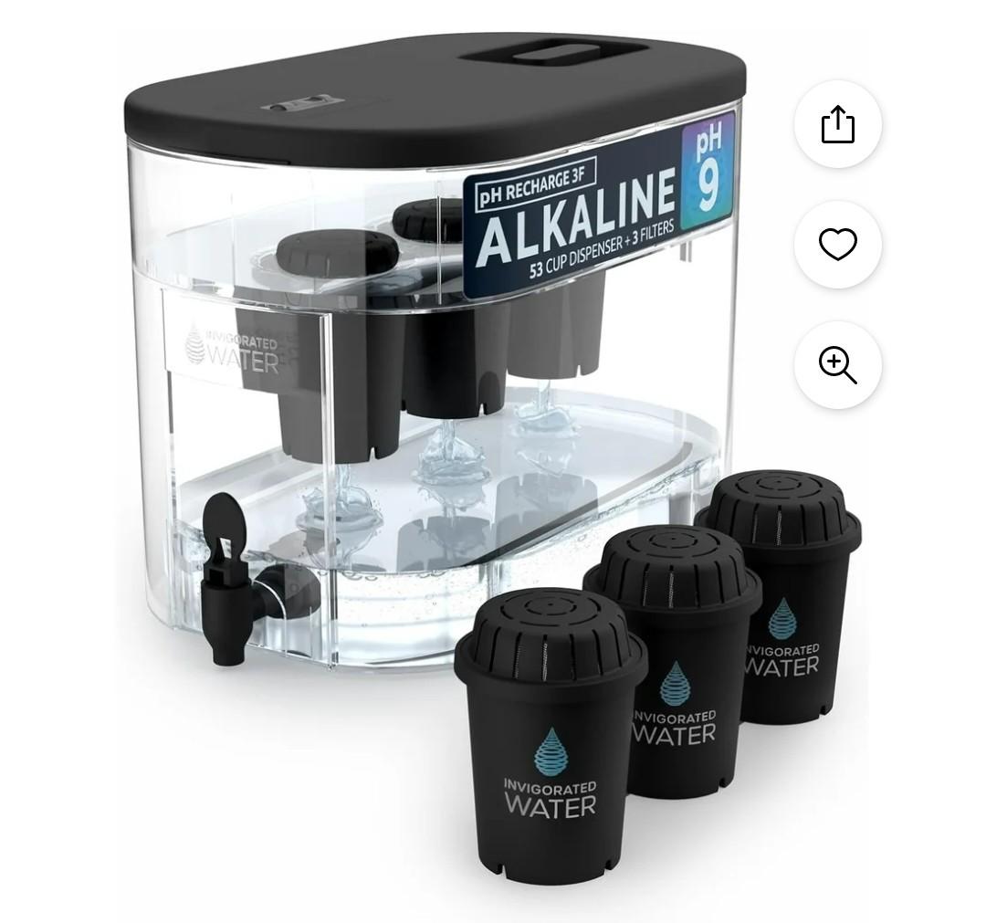 Invigorated Water - Alkaline Countertop Water Filter Dispenser, Large 52-Cup Capacity, Mineralized Alkaline Water, BPA-Free, 96 Gallons/Filter (Black, 3 Filters Included)
