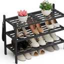3 Tier Bamboo Shoe Rack Organizer with Free Shoe Horn - Stackable, Free Standing Shoe Shelf for Entryway and Closet, Small Spaces, Black (Upgraded Reinforced Frame) (27" x 11.1" x 19.5")