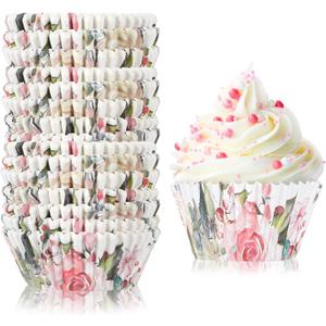 300 Counts Floral Cupcake Liners Floral Cupcake Wrappers Baking Cups Baking Liners Holders for Baby Shower Wedding Bridal Showers Birthday Party Decorations