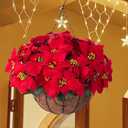 Artificial Fake Christmas Hanging Flowers Plants Basket for Outdoor New Year Decoration, Faux Silk Red Poinsettia UV Weather Resistant Realistic for Xmas Outside Porch Home Patio Decor