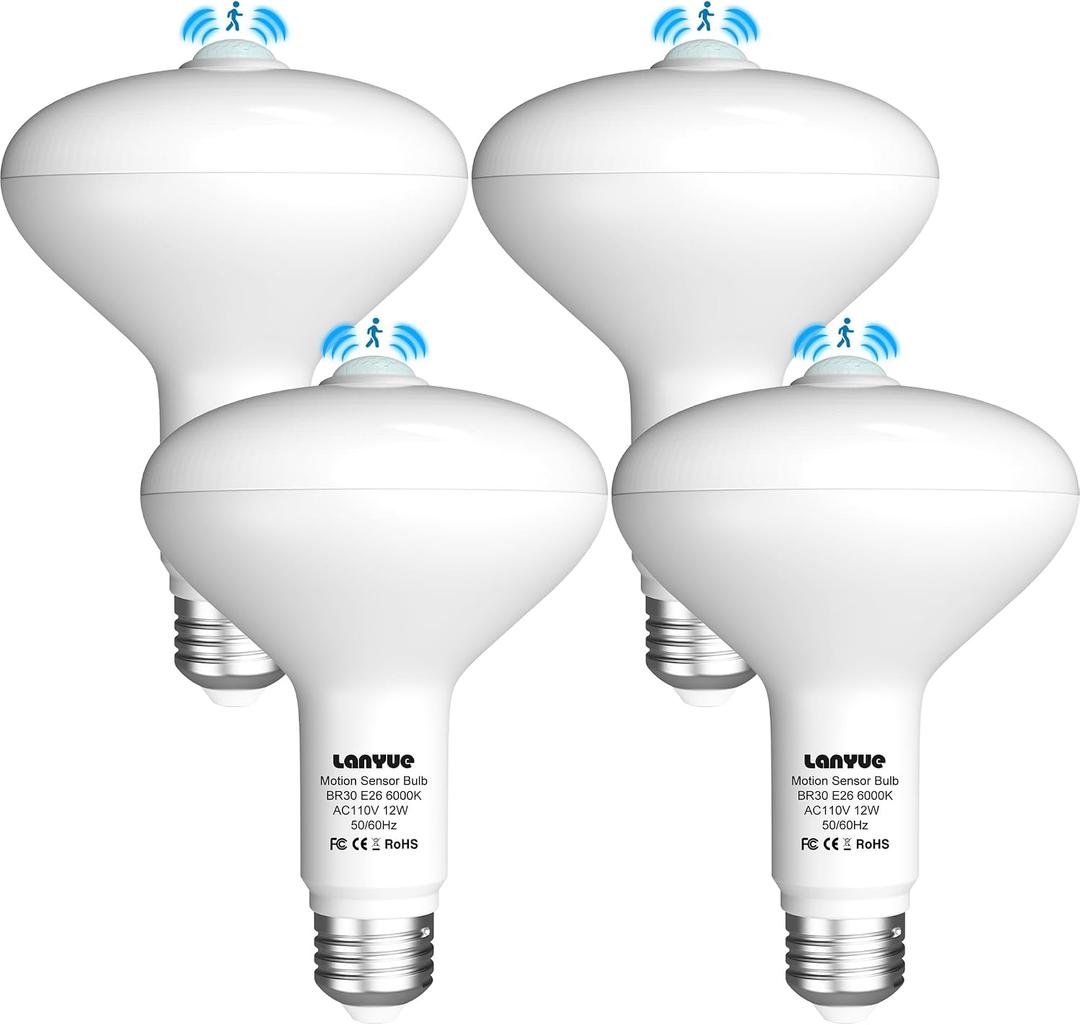 Motion Sensor Light Bulbs, Dusk to Dawn Motion Activated Security Lights, 12W BR30 Motion Detector Led Bulb, 100 Watt Equivalent, E26 6000K Daylight, Suitable for Indoor/Outdoor, (4 Pack)