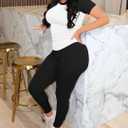 PINSV 2 Piece Sets for Women Summer Workout Sets Short Sleeve Top Jogger Legging Pants Track Suits Black B L