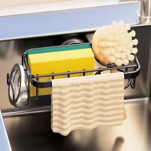 TAILI Sponge Holder with Strong Suction Cup, 4in1 Rustproof Sink Organizer  Sink Caddy Holds Sponges, Brushes, Stoppers & Scrapers  Black