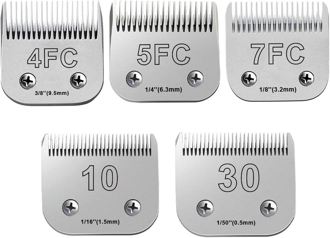 5Pack Dog Grooming Blades Compatible with Andis Dog Clippers,Dog Clipper Blades Compatible with Oster A5,Wahl km10 Dog Clippers for Animal Dog Cat Horse,Stainless-Steel Blade Sharp (Silver/10+30+4FC+5FC+7FC-05)