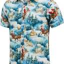 J&DHUASHA Christmas Hawaiian Shirt for Men Short Sleeve Button Down Santa Vacation Dress Shirts (Blue, XXXL)
