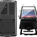 Simicoo Compatible with Samsung S24 Metal Bumper Silicone Case with Stand Built-in Screen Protector Gorilla Glass Hybrid Durable Military Shockproof Heavy Duty Rugged Full Body Camera Cover (Black)