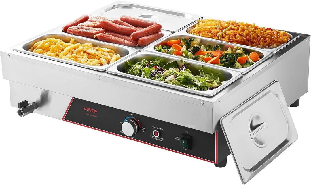 VEVOR Commercial Food Warmer, 1500W Electric Stainless Steel Steam Food Warming with Lid, 6-Pan Fast Heating Countertop Buffet Bain Marie with Power Cord, for Catering, Restaurant, Party & Buffets