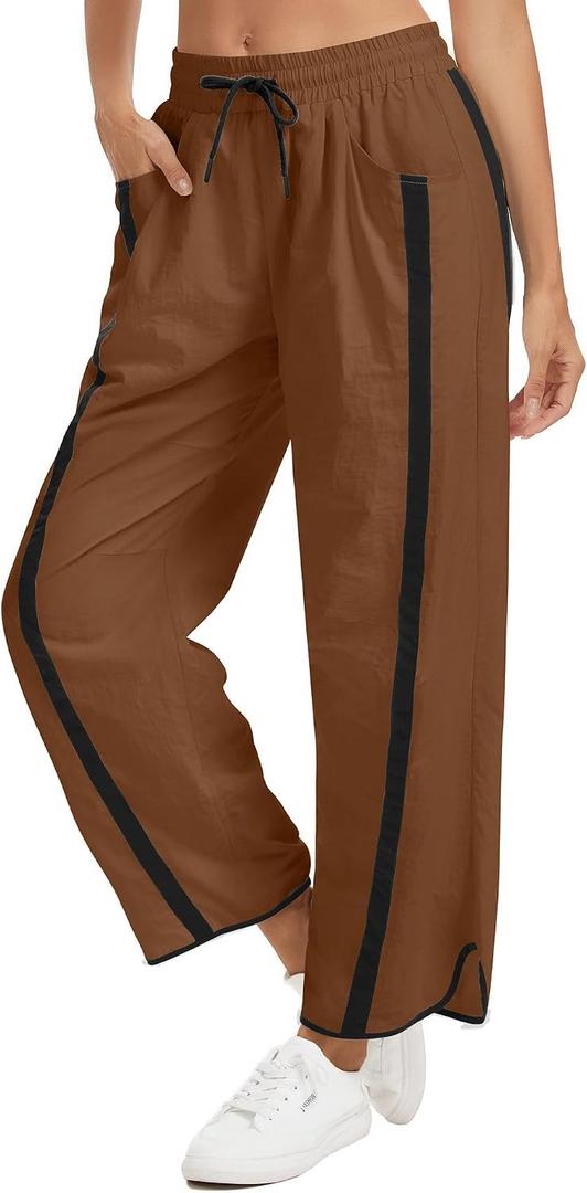 Women's Wide Leg Track Pants Baggy Drawstring High Rise Side Striped Casual Lightweight Parachute Pants with Pockets (Brown, L)