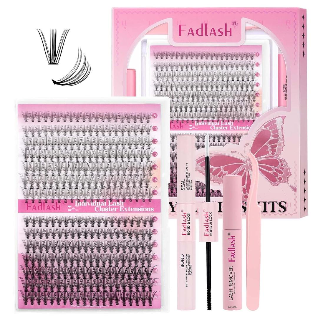 DIY Lash Extension Kit Individual Lashes Clusters Lash Bond and Seal, Clusters Lash Glue Remover and Eyelash Tweezers for Eyelash Extensions (10D+20D-0.07C, 8-16mm, Kit)