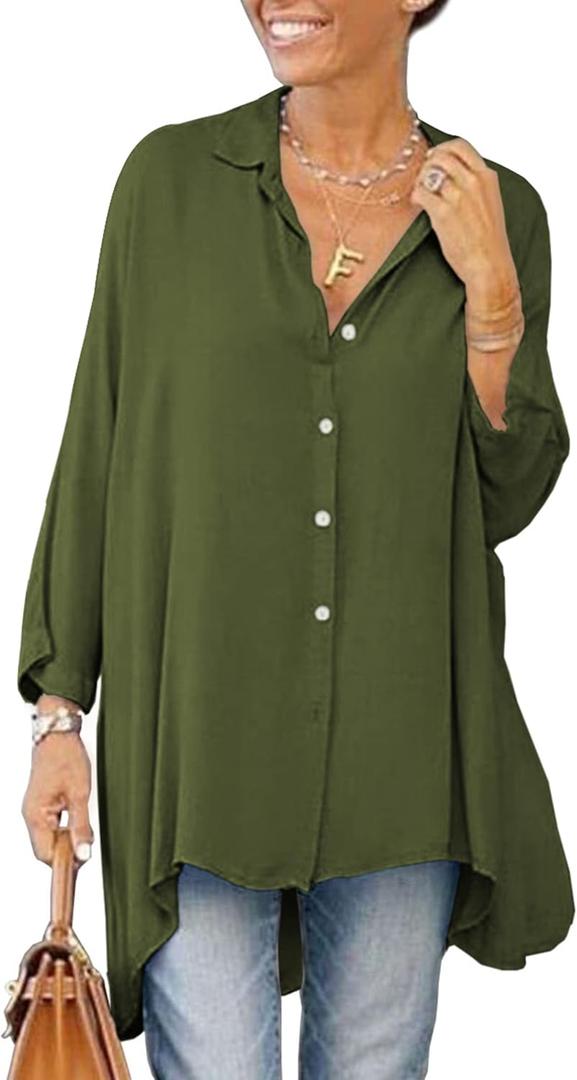 Aoysky Womens Oversized T Shirts Button Down Long Sleeve Shirt V Neck Collar Loose Flowy Blouse (Medium, Army Greem) Aoysky Womens Oversized T Shirts Button Down Long Sleeve Shirt V Neck Collar Loose Flowy Blouse (Medium, Army Greem)