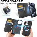 SHIELDON Case for iPhone 15 Pro, Genuine Leather Detachable Wallet Wireless Charging Folio Magnetic Kickstand RFID Blocking Card Slots Shockproof Case Compatible with iPhone 15 Pro 6.1" - Black