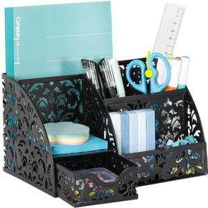 EasyPAG Pen Holder Desk Organizer with Drawer Pencil Cup for Desk 6 Compartments Metal Office Caddy Storage with Sticky Notes Holder for School Home Office, Black