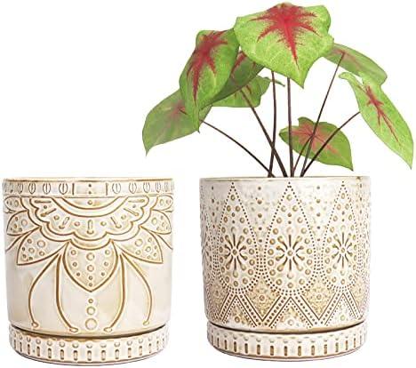 YFFSRJDJ 6 Inch Indoor Plant Pots with Drainage Holes and Saucers, Ceramic Planter for Plants, Flower Pot - Set of 2