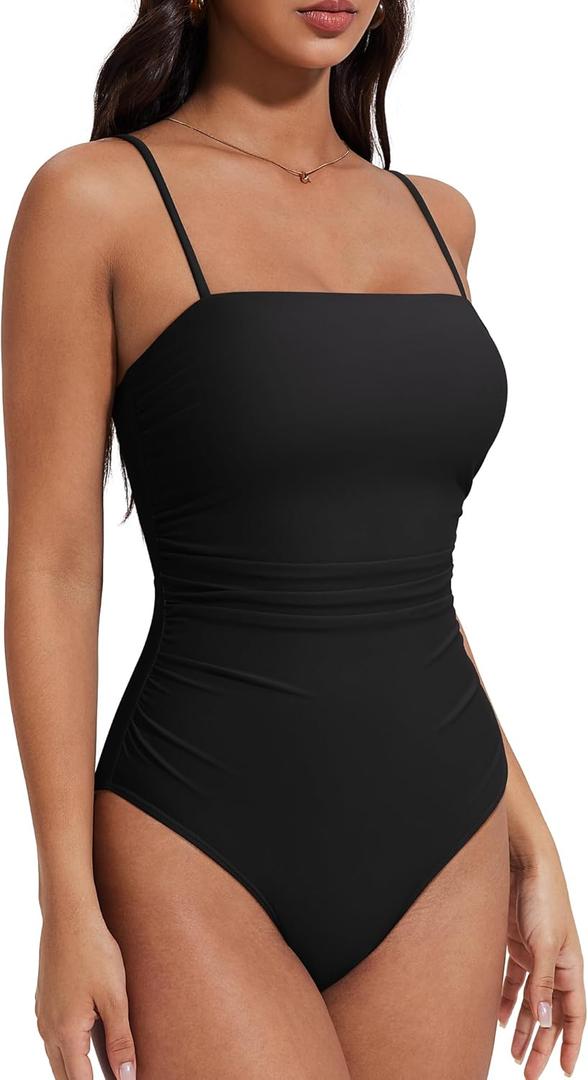 SUUKSESS Women Sexy One Piece Swimsuit Tummy Control Square Neck Bathing Suit (Black, L)