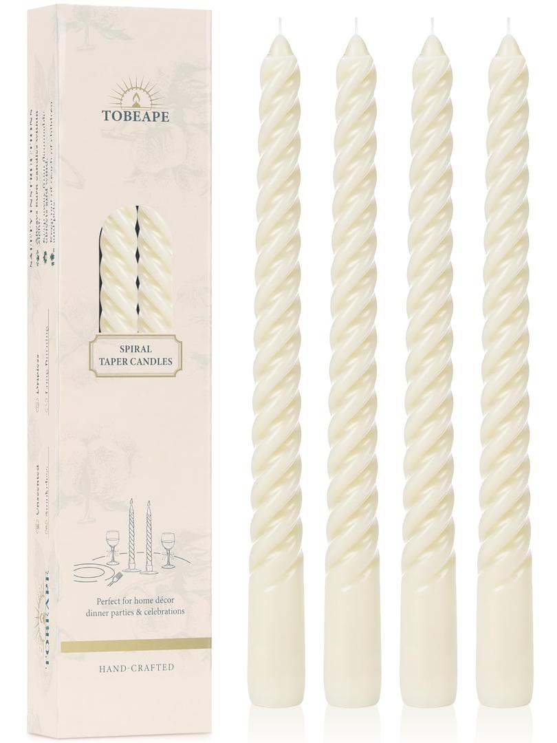 Tobeape Ivory Spiral Taper Candles 10 Inch - 4 Pack Cream Twisted Tapered Candle Sticks - Dripless Unscented Smokeless - Long Burning Decorative Candlesticks for Dinner Wedding Party Table Home Decor