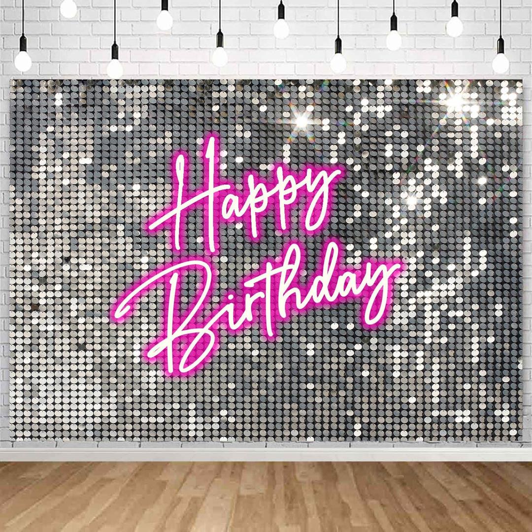 Withu Silver Sequins Pink Neon Happy Birthday Backdrop for Photography Shining Flash Stars Shimmer Wall Decoration Banner Princess Girls Women Bday Party Background 7x5ft