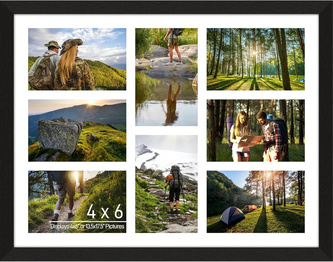 4x6 Photo Collage Frame 8 Openings Wooden, 13.5x17.5 Multi Picture Frame Collage Wall Decor, Black Frame with White Mat, Solid Pine Wood
