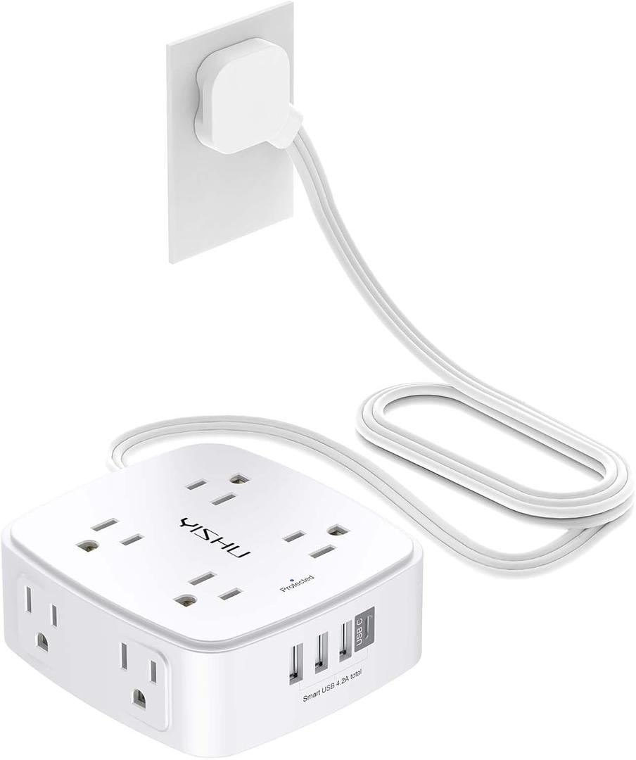 6 Ft Surge Protector Power Strip - YISHU 8 Widely Outlets with 4 USB Ports, 3 Side Outlet Extender with 6 Feet Flat Extension Cord, Ultra Flat Plug, Wall Mount, Desk USB Charging Station, ETL, White