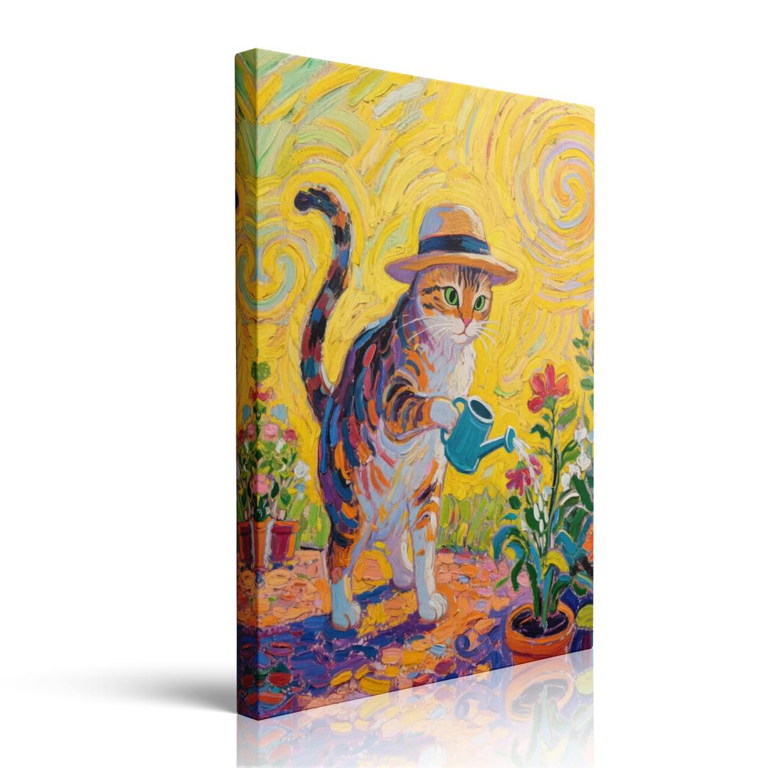 Funny Cat Gardening Canvas Wall Art Framed Print Painting Whimsical Animal with Flowers Wall Decor Artwork Poster Colorful Playful Scene for Kitchen Bathroom Office Country Decor 16x24 Inches